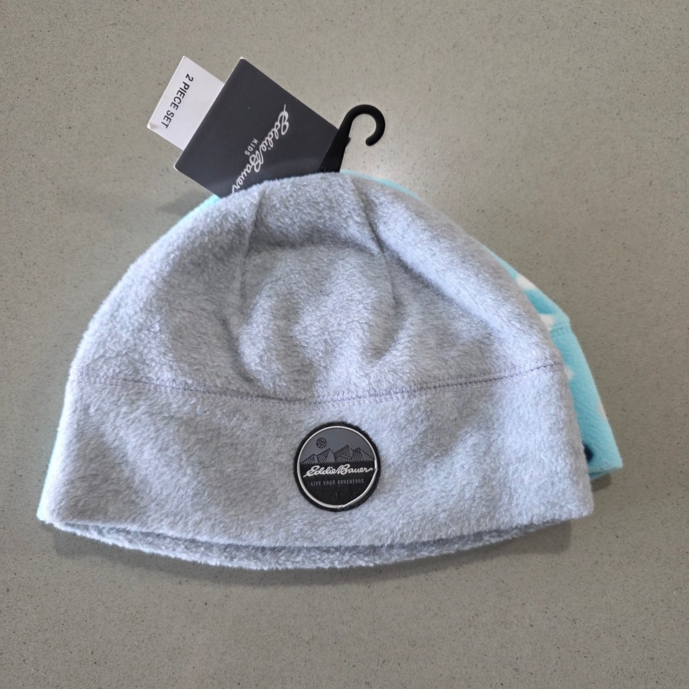 Eddie Bauer Kids 2-Piece Fleece Beanie Set Gray Blue Heart Mountain Logo NWT